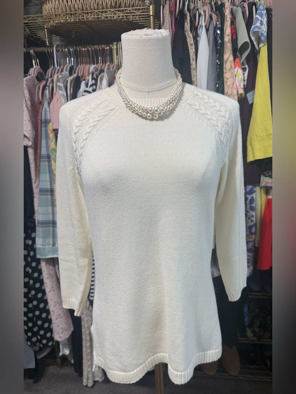 Talbots Ivory Cream Cable Knit Raglan Sleeve Sweater P